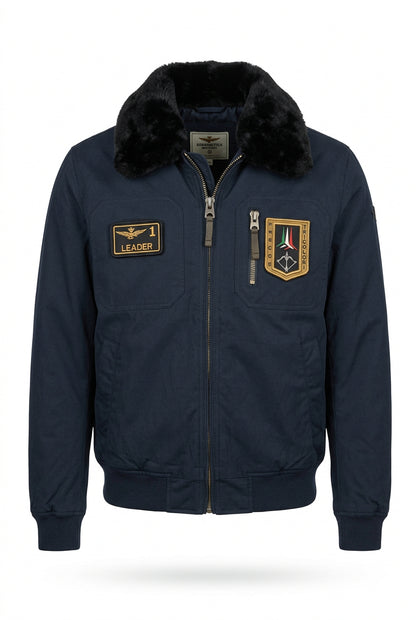 Giubbotto Bomber da Uomo Militare con Collo in Pelliccia Eco - Blu Navy