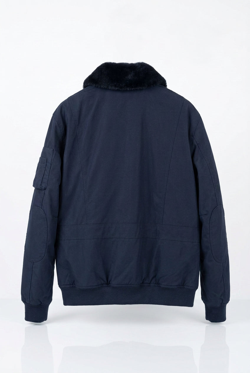 Giubbotto Bomber da Uomo Militare con Collo in Pelliccia Eco - Blu Navy