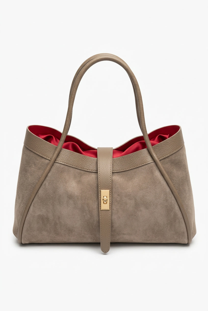 Borsa Tote Elegante in Camoscio e Pelle con Fodera a Contrasto