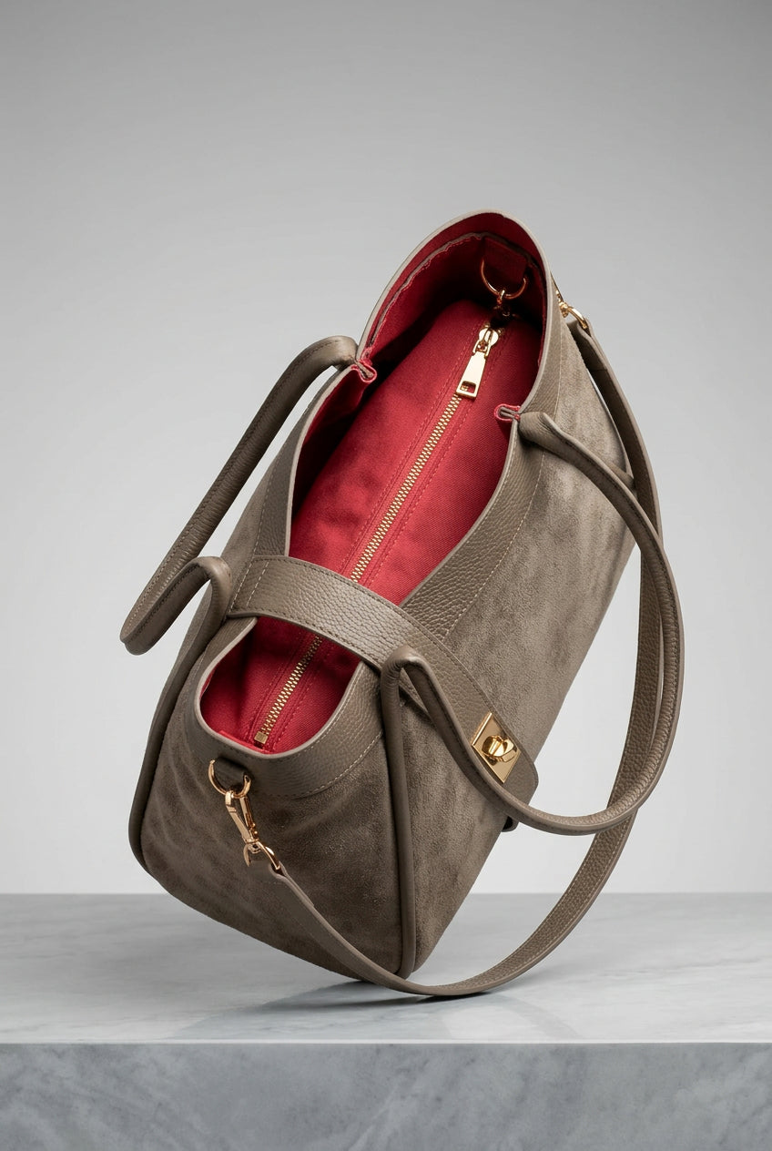 Borsa Tote Elegante in Camoscio e Pelle con Fodera a Contrasto