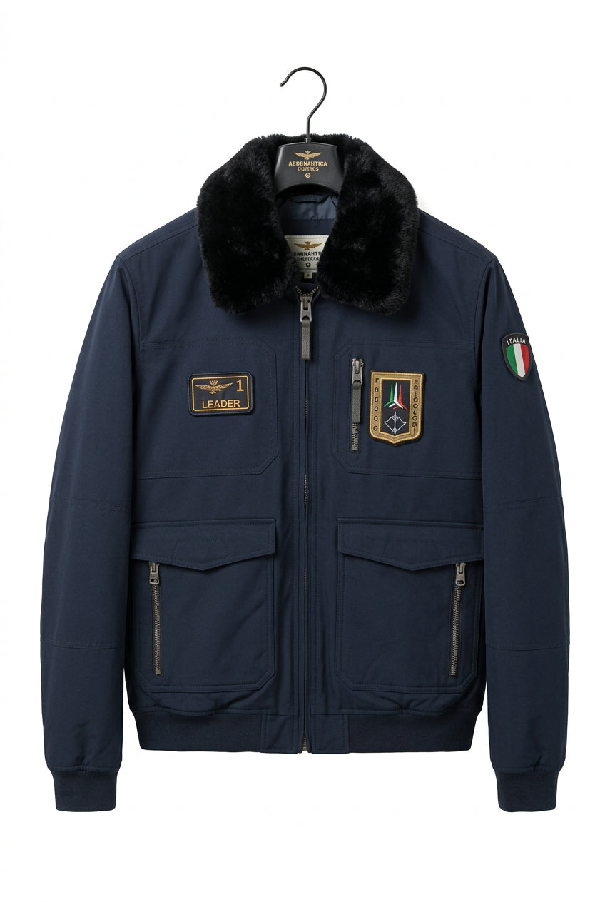 Giubbotto Bomber da Uomo Militare con Collo in Pelliccia Eco - Blu Navy