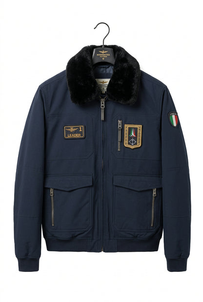 Giubbotto Bomber da Uomo Militare con Collo in Pelliccia Eco - Blu Navy