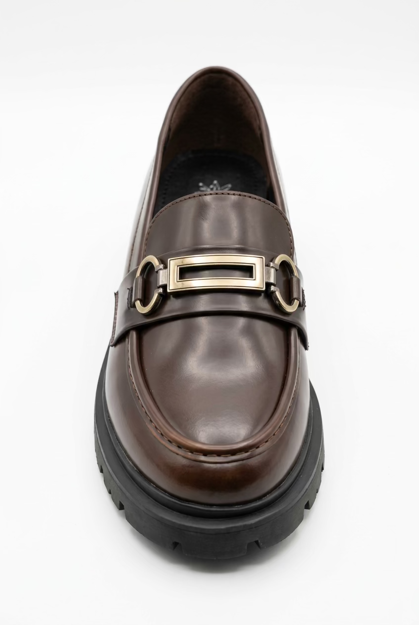 Mocassini Chunky da Donna in Pelle Marrone con Morsetto Metallico