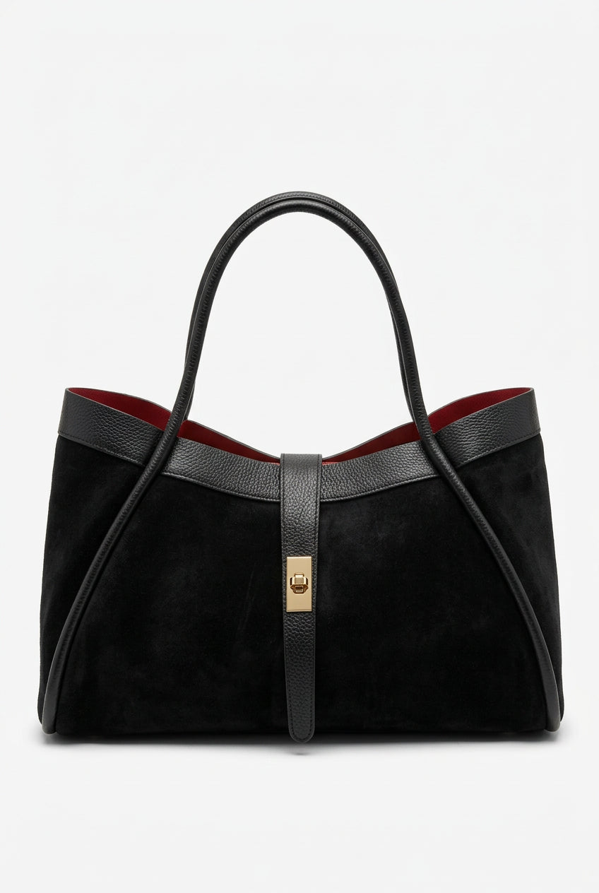 Borsa Tote Elegante in Camoscio e Pelle con Fodera a Contrasto